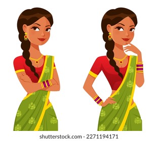 beautiful Indian woman wearing colorful traditional saree and jewels, with her arms crossed or thinking. Cartoon character. Isolated on white. Vector eps file.