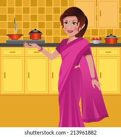 Beautiful Indian Woman Wearing A Saree In Kitchen