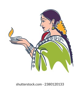 Beautiful Indian women Hands holding Diwali oil lamps simple color line art for Diwali festival