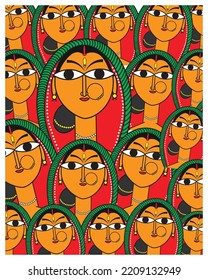 Beautiful indian women in kalighat art, painting, illustration, vector, wallpaper