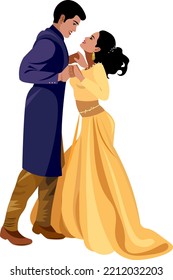 Beautiful Indian young couple dancing at the wedding in national costumes Vector