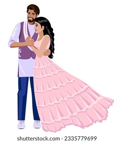 Beautiful Indian young couple at the wedding. The bride in a soft pink airy dress. The groom gently presses the hand of the bride to the heart  Vector