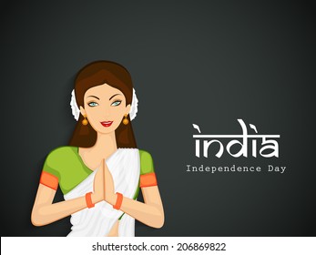 Beautiful Indian young lady saying namaste and stylish text India on grey background for Independence Day celebrations. 