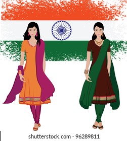 Beautiful indian young woman in colorful salwar kameez with Indian flag background-- Highly detailed and no gradients/ mesh