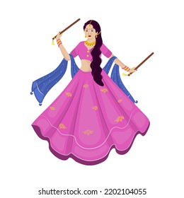 Beautiful Indian Young Woman Playing Dandiya In Traditional Attire On White Background.