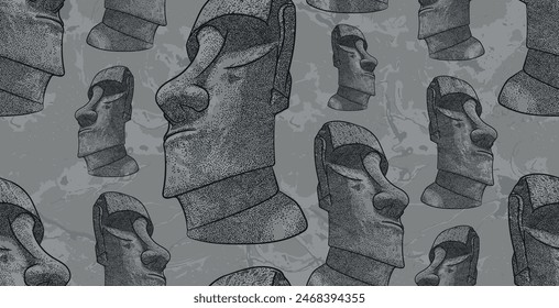 Beautiful indigenous moais heads megalithic sculpture seamless pattern with marble effect at background 