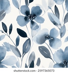 Beautiful Indigo Aqua Blue Brown French Grey White Abstract Wild Flower Elegant Leaf Watercolor Scandinavian Design Seamless Pattern Wallpaper Curtain Bedding Upholstery Fabric Background Vector
