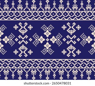 A beautiful indigo blue seamless pattern inspired by traditional Thai and Southeast Asian textile motifs. Features intricate geometric elements and floral symbols, perfect for ethnic fabric designs.