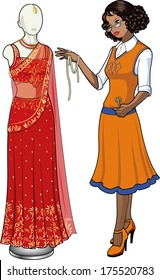 Beautiful indonesian or latin female professional costume designer works on authentic traditional red wedding sari dressed mannequin isolated cartoon illustrations