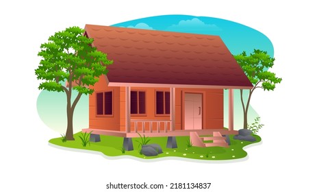 Beautiful Indonesian Traditional village house cartoon illustration 