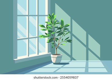 Beautiful Indoor Plant in window side, green croton plant illustration, window, plant, pot, rays, fresh plant grow, illustration