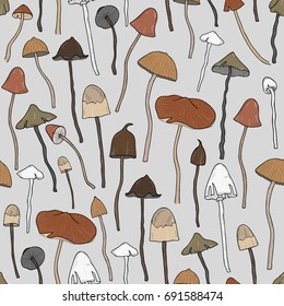 Beautiful  inedible, hallucinogenic fungus seamless pattern. Hand drawn psilocybe. Colorful  vector illustration.