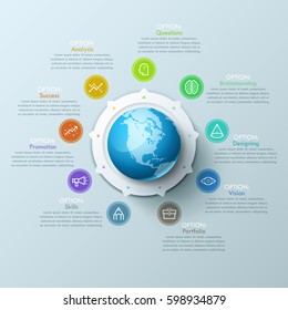 Beautiful infographic design layout with sphere in center, 9 arrows pointing at line symbols and text boxes. Nine qualities of international design company concept. Vector illustration for website.