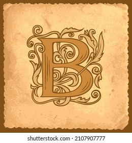 Beautiful initial letter B with Baroque decorations on an old paper background in vintage style. Capital letter B with filigree design to use for monogram, logo, emblem, greeting card, invitation