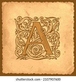 Beautiful initial letter A with Baroque ornamentation on an old paper background in vintage style. Filigree capital letter A suitable for monogram, logo, emblem, greeting card or invitation