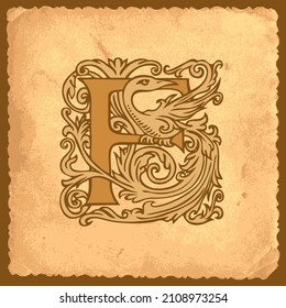 Beautiful initial letter F with Baroque decorations on an old paper background in vintage style. Filigree capital letter F suitable for monogram, logo, emblem, label, greeting card or invitation