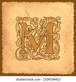 Beautiful initial letter M in vintage style witBeautiful initial letter M in vintage style with fairy tale decoration on an old paper. Ornate capital letter M suitable for monogram, logo, emblem, gree
