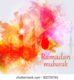 Beautiful ink blots with the silhouette of mosques. Ramadan Kareem celebrations.
