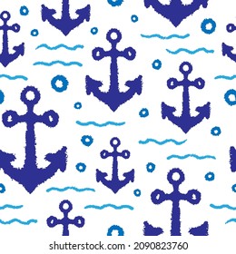 Beautiful ink blue ship anchors isolated on white background. Cute marine seamless pattern. Vector simple flat graphic hand drawn illustration. Texture.