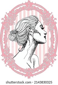 beau profil de femme rose (avec coiffure à l'arme blanche) sur fond rose vintage et rayures sur fond noir