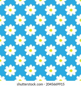 Beautiful inky white flowers isolated on blue background. Cute floral seamless pattern. Vector simple flat graphic hand drawn illustration. Texture.