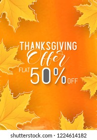 beautiful and innovative abstract or poster for Thanksgiving Offer flat 50% Off with nice and creative maple leaf design illustration in a textured background. 