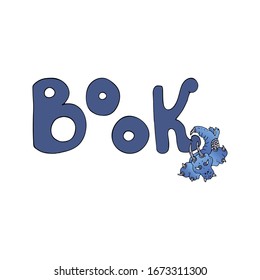 Beautiful inscription book and flying cute dragon. Fantasy genre for a book club or store. Magical world of reading design. Hand drawn vector illustration isolated on white background.