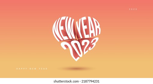 Beautiful inscription in the form of a heart happy new year 2023.
Delicate, bright, pink card or poster for congratulations with space for text.