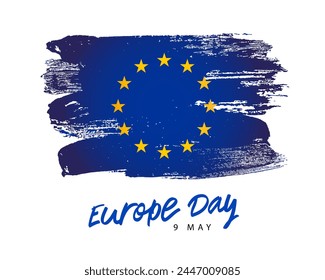 Beautiful inscription - May 9th - Europe Day. A hand-drawn flag of Europe. 12 yellow stars. Smears of blue paint. Vector illustration on a white background.