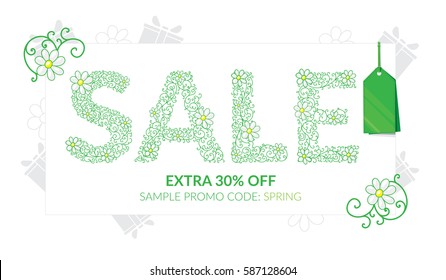 beautiful inscription sale with the elements of the pattern and the stylized flowers on a white background