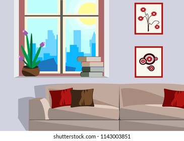 Beautiful interior bedroom with sofa. View from the window Flat style design. Vector illustration.