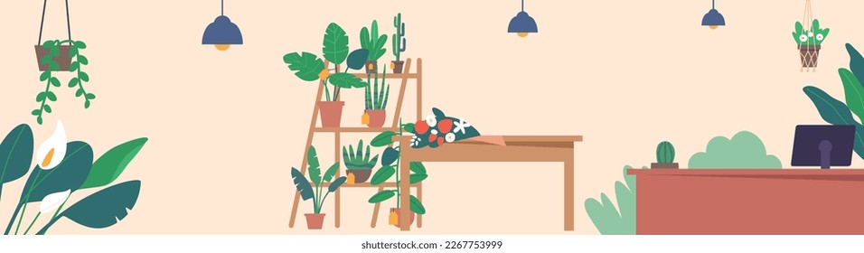 Beautiful Interior Of Flower Shop With An Array Of Colorful Blooms On Display, Cashier Desk And No People Present. Concept of Floral Business, Background with Plants. Cartoon Vector Illustration