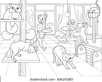 Beautiful interior of modern cat cafe for people cartoon vector illustration. Black and white
