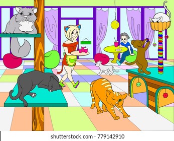 Beautiful interior of modern cat cafe for people cartoon vector illustration.