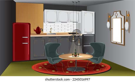 A beautiful interior of a modern kitchen with red fridge, mirror with lamps on the wall, round table and two green armchairs on the round red carpet.