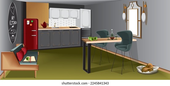 A beautiful interior of modern kitchen with red retro style fridge and vintage mirror in grey, red and light wood, bar counter with two high bar chairs, modern sofa with red cushions and a little dog.