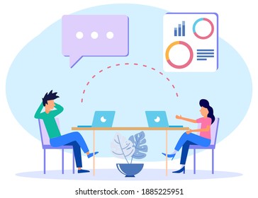 A beautiful interior office with 2 creative business people sitting at the table. Business teams work together at large desks using laptops, sending data. Flat design style vector illustration.