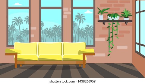 Beautiful interior of the room with windows, sofa and indoor plants. Flat style design.