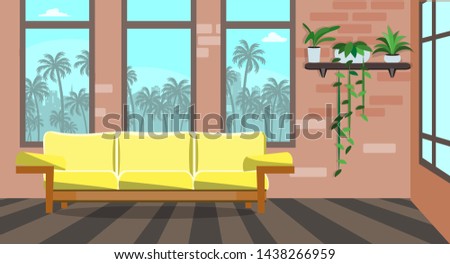 Beautiful interior of the room with windows, sofa and indoor plants. Flat style design.
