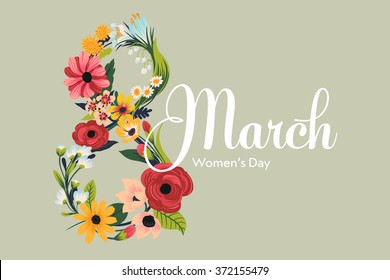 Beautiful International Women's Day website header template with sample text and decorative element numeric symbol 8 made of flowers and blossoms