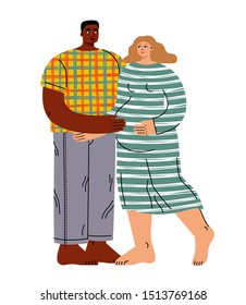 Beautiful interracial couple expecting a baby. Stylish trendy vector isolated illustration.
