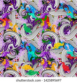 Beautiful intricate colorful seamless pattern. Floral colorful fantasy background. Doodle lines, waves, swirls, flowers, leaves. Psychedelic ornament. Repeat design for fabric, wallpapers, prints