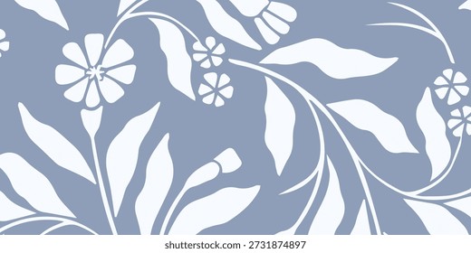 Um lindo e intrincado padrão floral com flores brancas estilizadas e graciosas folhas em espiral, situado contra um pano de fundo azul suave, criando um design sereno e decorativo.