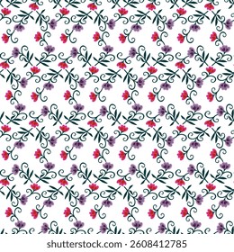 Beautiful intricate floral pattern of small flowers with leaves on a white background. Seamless print for fabric in folk style.