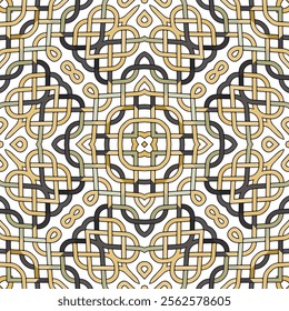 Beautiful intricate lines and curves celtic style grid seamless pattern. Colorful ornamental celtic knots vector background. Repeat tribal ethnic elegant ornaments. Endless texture. For fabric, print.