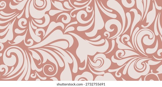 Un hermoso e intrincado patrón con elegantes remolinos florales y Formas orgánicas en una armoniosa mezcla de suaves colores rosa y crema, creando un diseño sofisticado y decorativo.