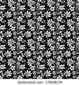 Beautiful intricate retro seamless floral pattern of densely packed dainty flowers in black and white suitable for wallpaper, tiles and fabric in square format svg