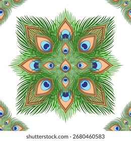 A beautiful and intricate seamless pattern created from peacock feathers arranged in a symmetrical mandala. An exotic and vibrant design for fabric or wrapping paper.
