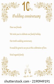 Beautiful Invitation card for 10 years of marriageTin wedding anniversary. Wedding invitation with text for friends on a white background. Champagne glasses. Toast. vector illustration