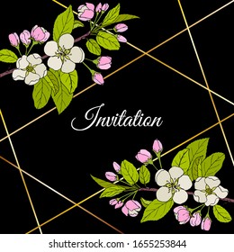 Beautiful invitation card with apple blossom on dark background. Vector illustration.